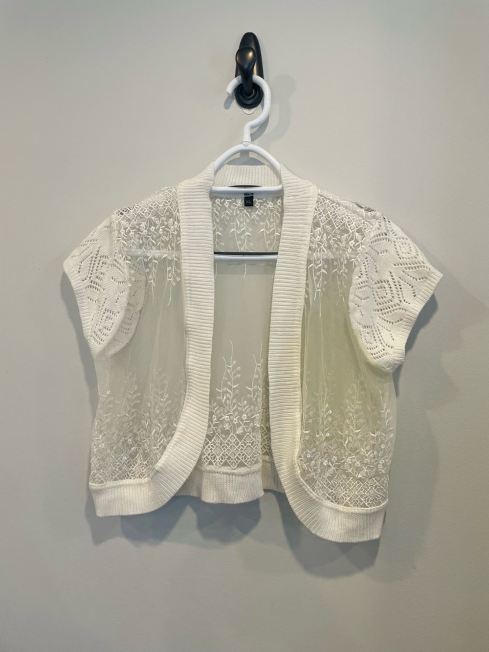 Delicate Sheer Embroidered Open Cardigan in Ivory